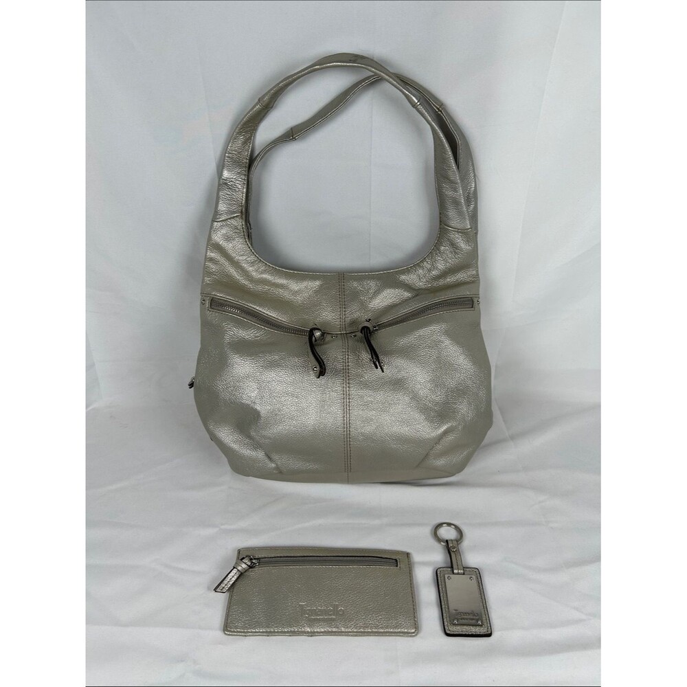 Tignanello Leather Metallic Silver Hobo Bag with Matching Wallet And Keyring